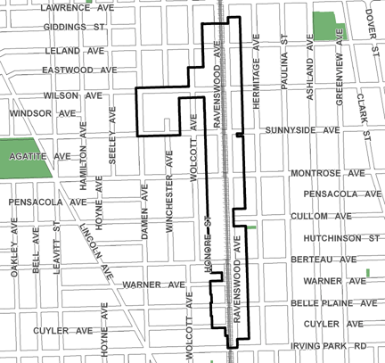 Ravenswood TIF district, roughly bounded on the north by Lawrence Avenue, Irving Park Road on the south, Hermitage Avenue on the east, and Damen Avenue on the west.